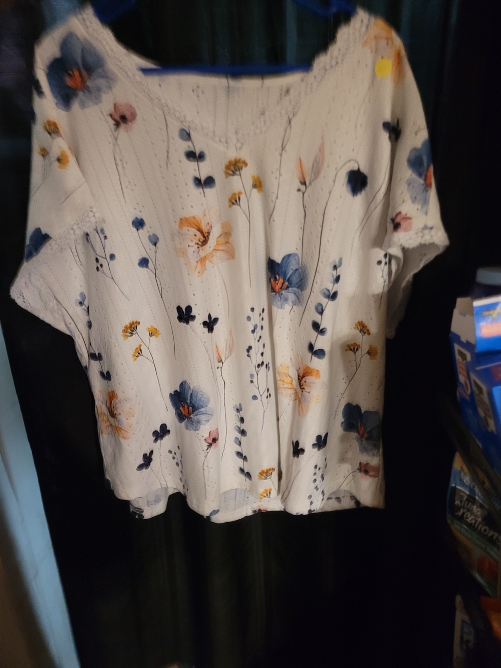 Women’s Floral Short Sleeve Blouse - White with Blue & Yellow Print